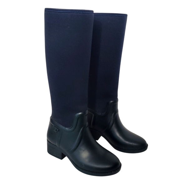 Tory Burch Navy Blue Block Heel Rain Boots - Picture 4 of 7